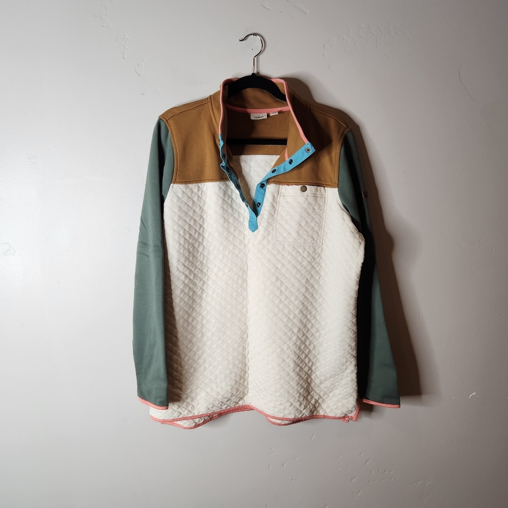 L.L. Bean Quilted Pullover Sweater in Cream, Olive, Mustard & Turquoise - Picture 2 of 7